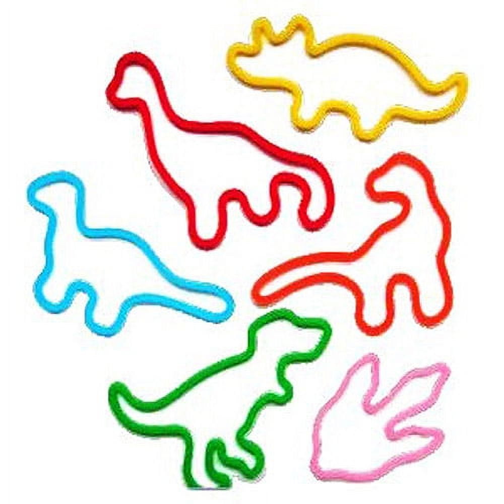 Colorful Silly Bandz shaped like dinosaurs in blue, red, yellow, green, and pink on white background