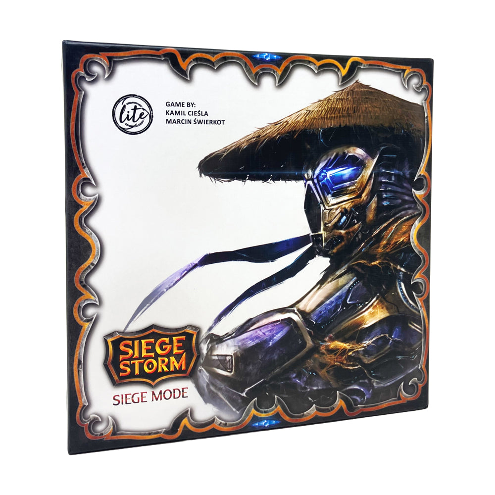 SiegeStorm Siege Mode Strategic Card Game box featuring ornate orange and black border with armored warrior character wielding glowing blue weapon