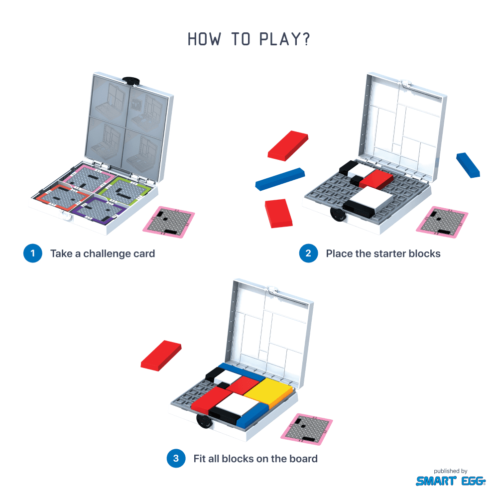 HOW TO PLAY? Step 1: Take a challenge card. Step 2: Place the starter blocks. Step 3: Fit all blocks on the board. Mondrian Blocks puzzle game with colored bloc