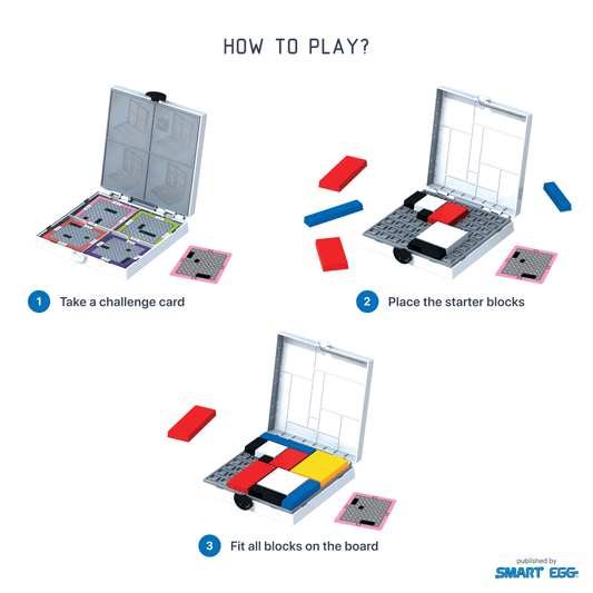 HOW TO PLAY? Step 1: Take a challenge card. Step 2: Place the starter blocks. Step 3: Fit all blocks on the board. Mondrian Blocks puzzle game with colored bloc