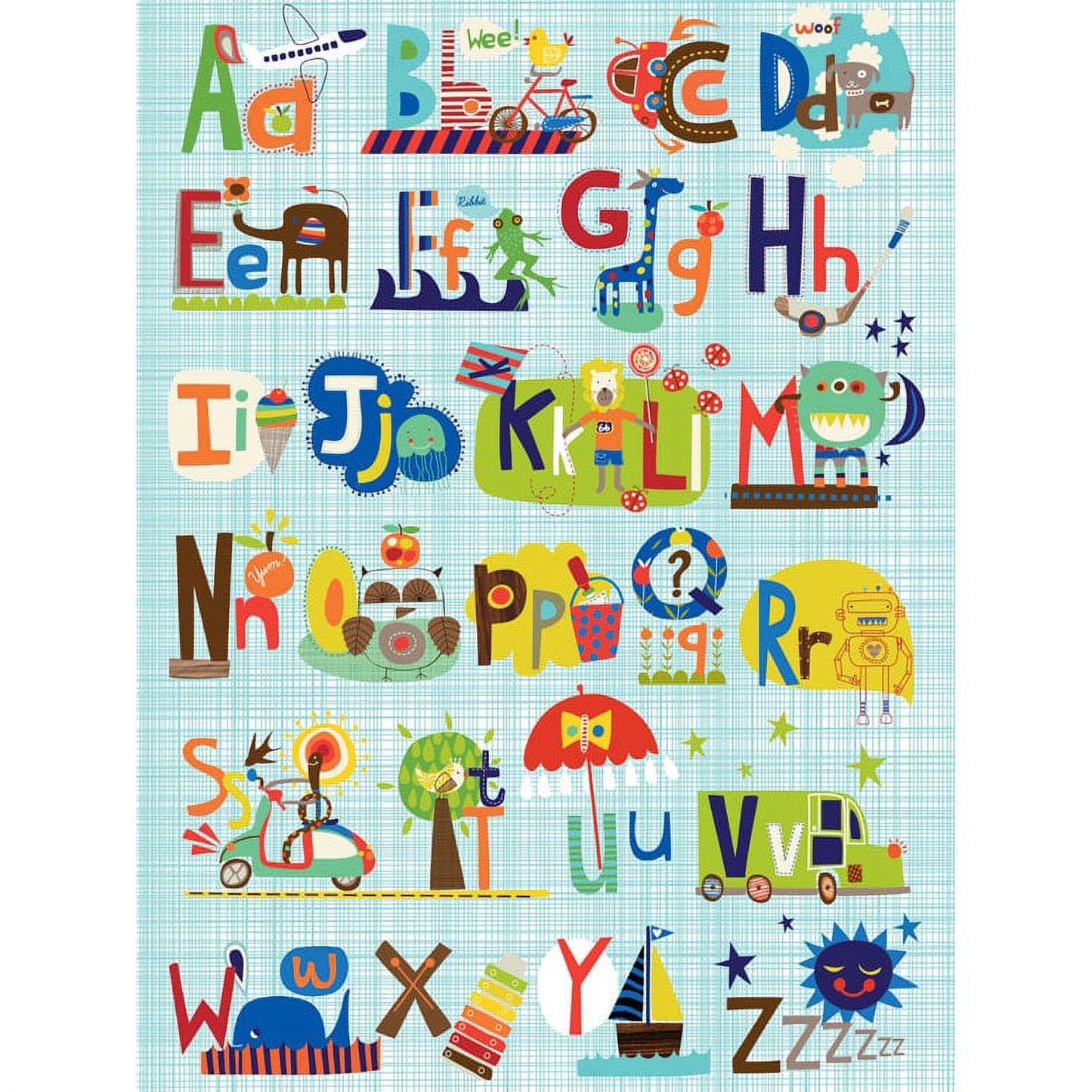Colorful illustrated alphabet chart with whimsical animals, vehicles, and objects for each letter A-Z on light blue gingham background