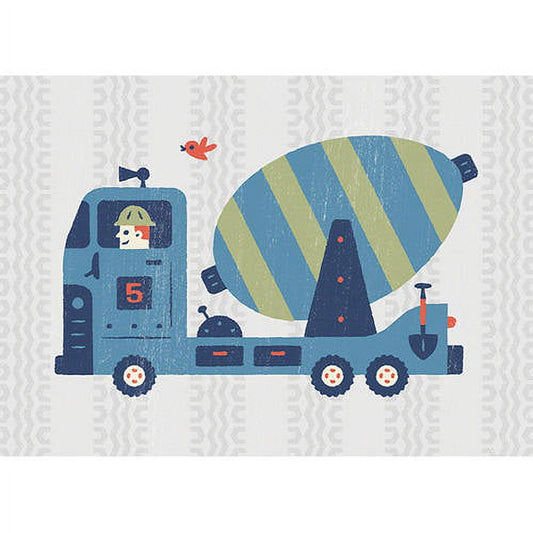 Illustrated blue concrete mixer truck with striped drum, driver in cab, red bird flying above, on patterned background