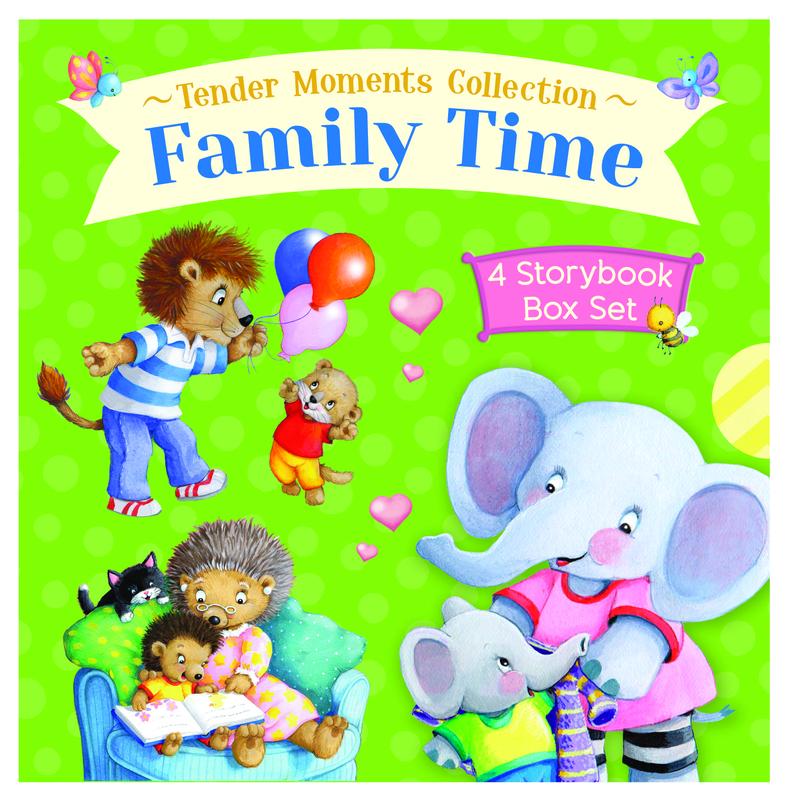 Tender Moments Collection Family Time 4 Storybook Box Set cover featuring illustrated animals including lion, hedgehogs, elephant, and mouse on bright green bac