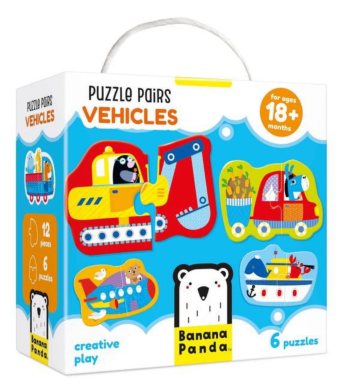 Banana Panda Puzzle Pairs Vehicles Set box showing 6 colorful vehicle-shaped puzzles including a boat, airplane, fire truck, and digger for ages 18+ months