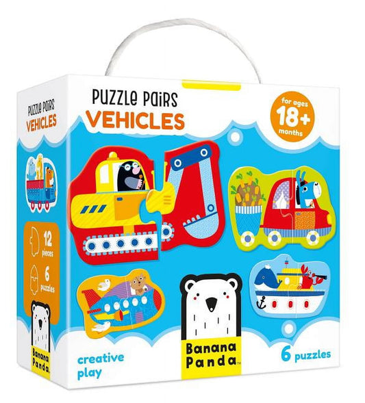 Banana Panda Puzzle Pairs Vehicles Set box showing 6 colorful vehicle-shaped puzzles including a boat, airplane, fire truck, and digger for ages 18+ months