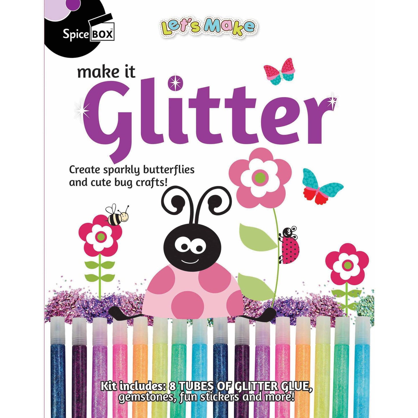 Spicebox Make It Glitter craft kit package showing colorful glitter glue tubes, illustrated butterflies and ladybug, and flowers. Text reads 'Create sparkly but
