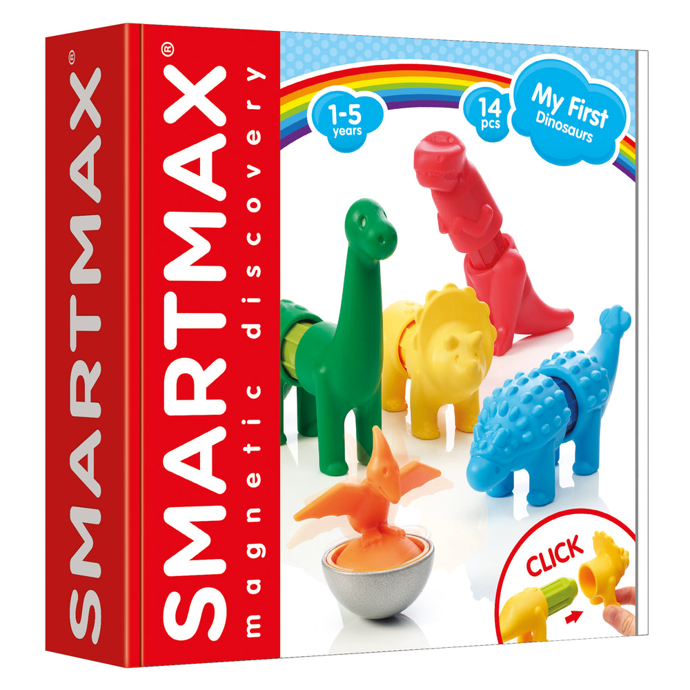 SmartMax My First Dinosaurs set showing 14 colorful magnetic dinosaur and prehistoric creature pieces in red, green, yellow, blue, and orange on white backgroun