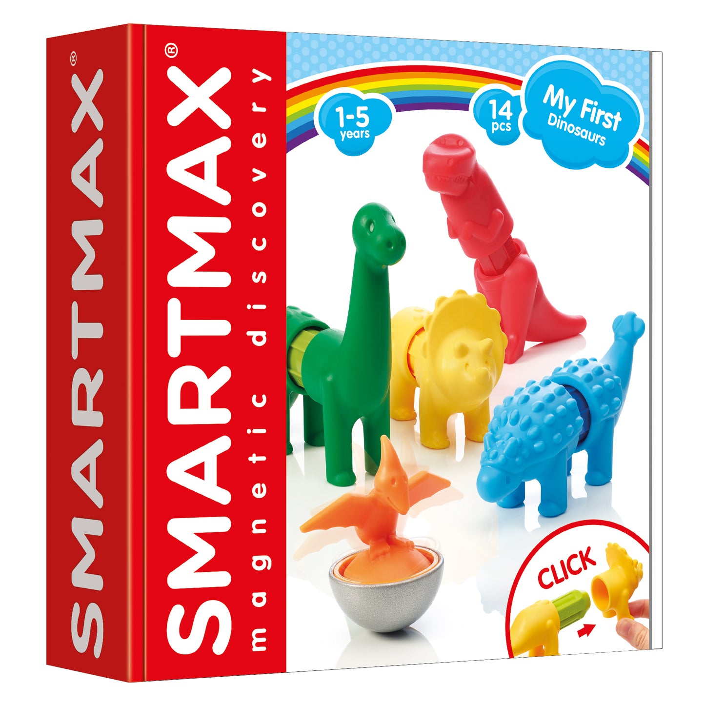 SmartMax My First Dinosaurs set showing 14 colorful magnetic dinosaur and prehistoric creature pieces in red, green, yellow, blue, and orange on white backgroun