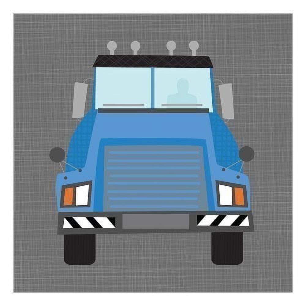 Illustration of a blue truck viewed from above on gray textured background, with light blue windows, black tires, and white stripe details on front bumper