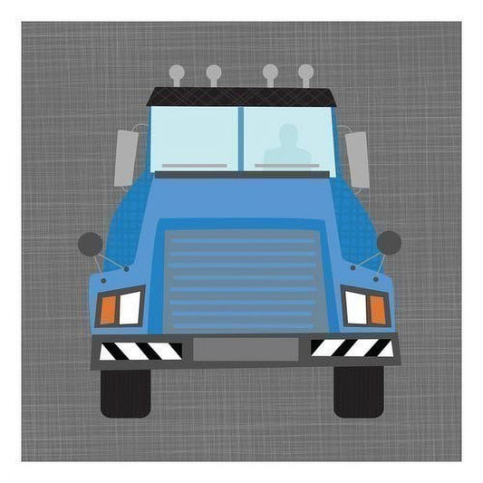 Illustration of a blue truck viewed from above on gray textured background, with light blue windows, black tires, and white stripe details on front bumper