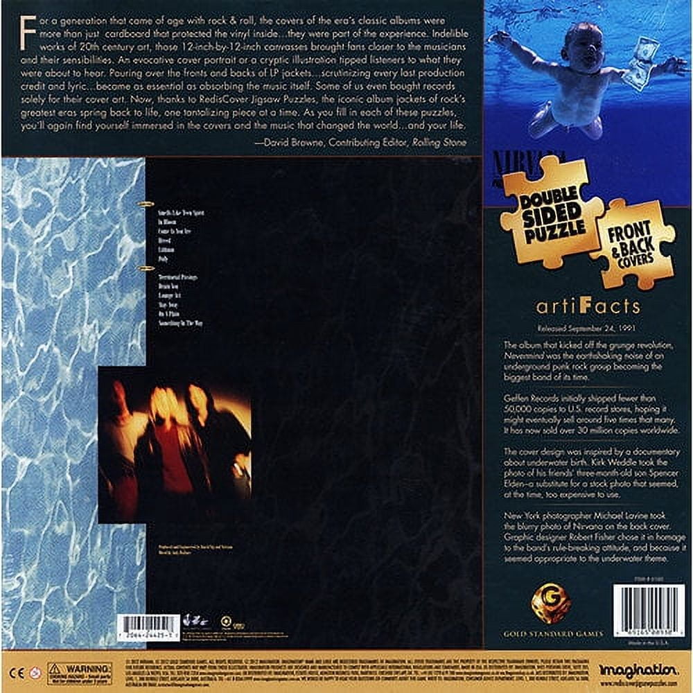 Double-sided jigsaw puzzle box featuring Nirvana album cover art on front and back, with underwater and concert imagery, 300 pieces