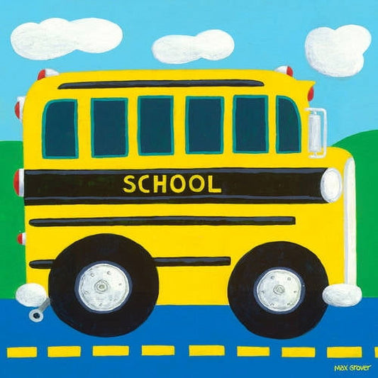 Illustration of a bright yellow school bus with six windows, black wheels, and red lights against a blue sky with white clouds and green grass, signed by artist