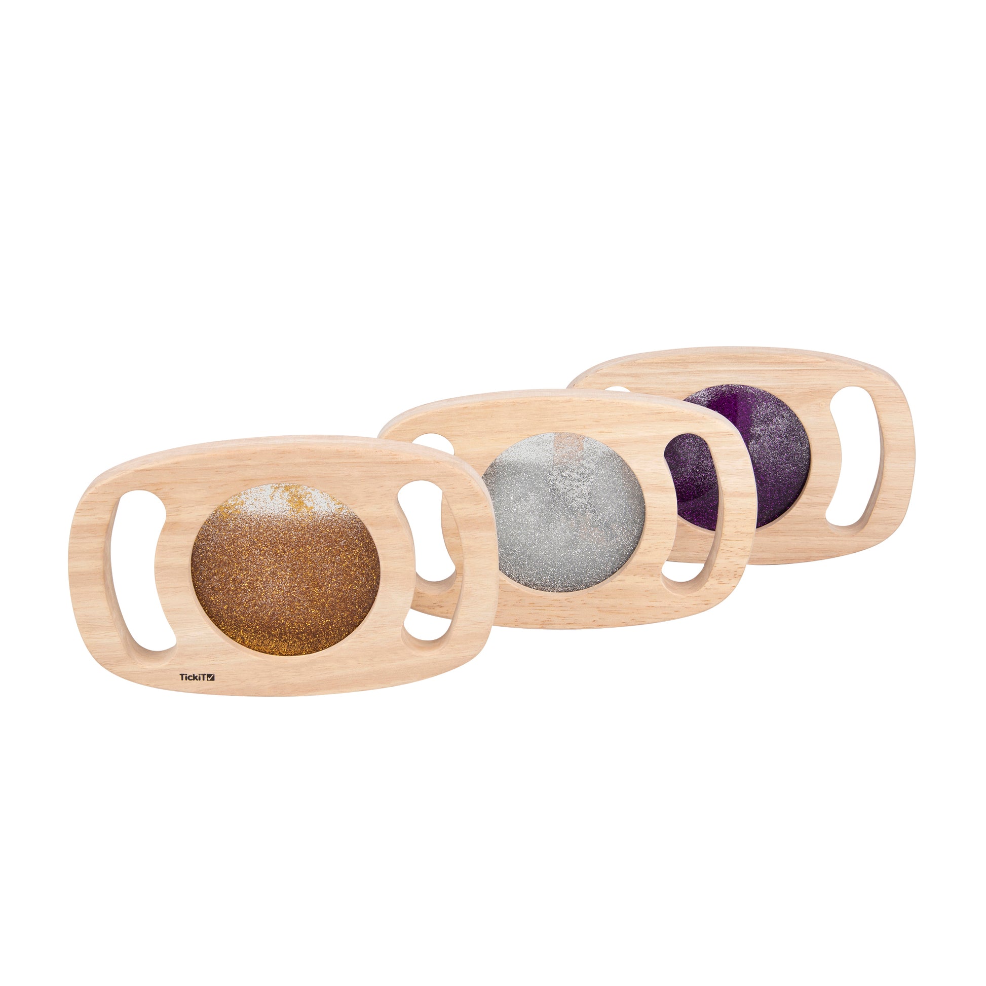 Three wooden sensory panels with handles, each containing a glitter-filled sphere in gold, silver, and purple