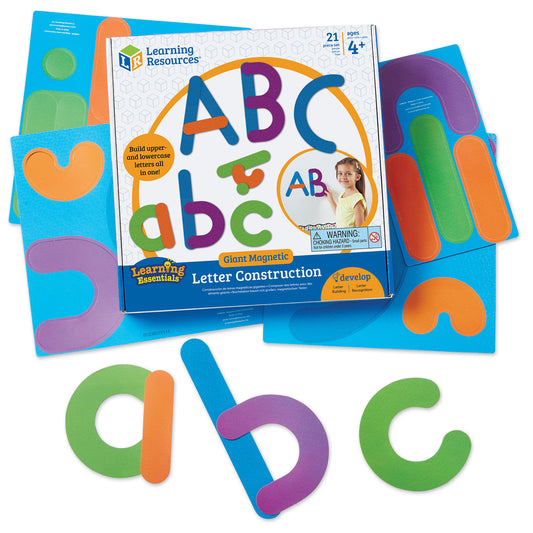 Giant Magnetic Letter Construction set with colorful foam letters in blue, green, orange, and purple. Box shows ABC letters and child on model. Loose letters sp