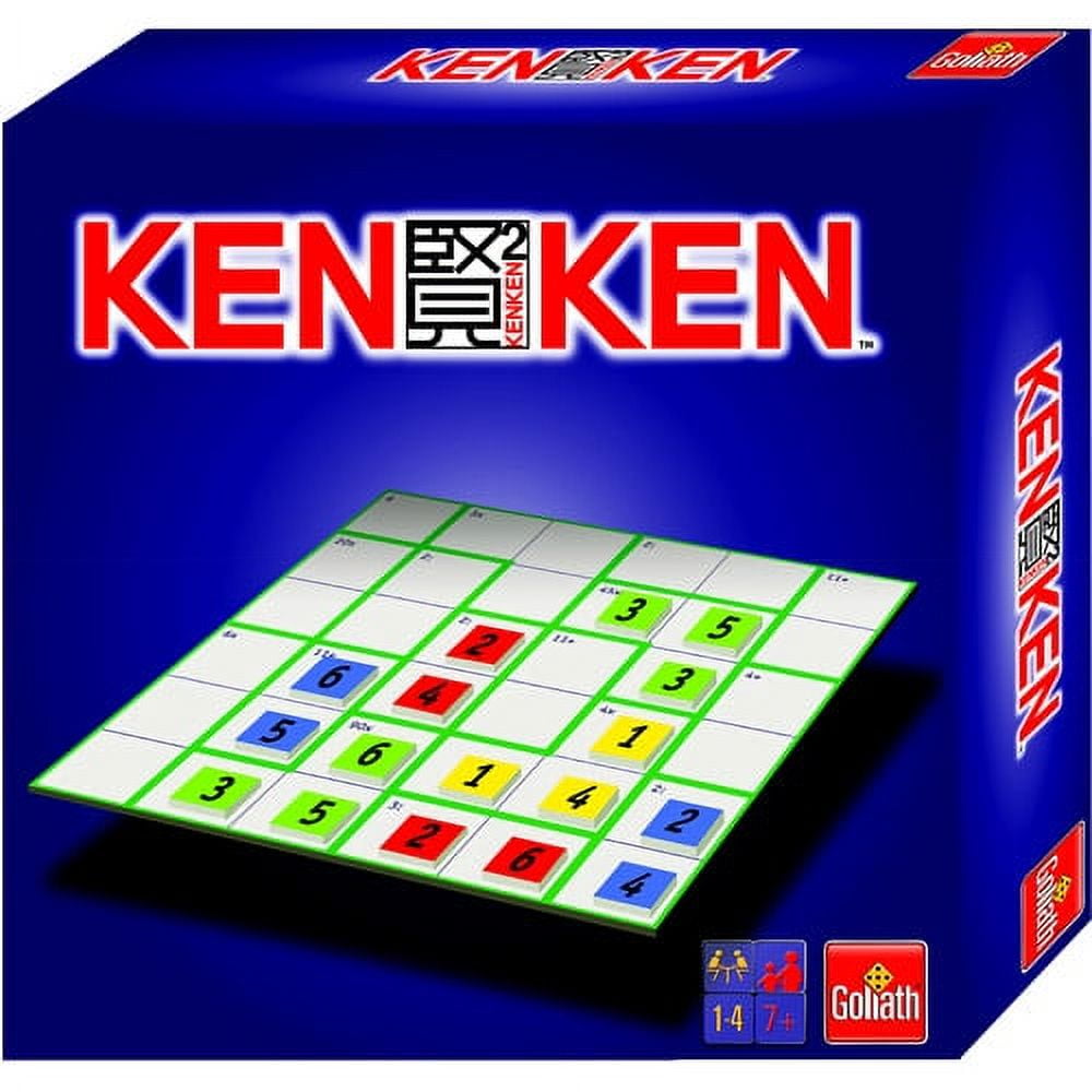 Ken Ken puzzle board game box showing grid with colored numbered tiles on blue packaging