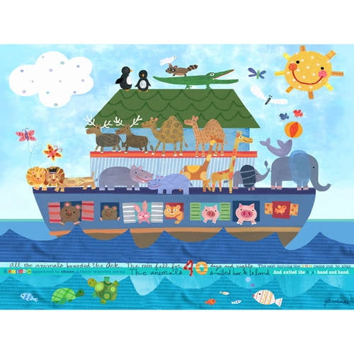 Colorful Noah's Ark canvas art with animals on multiple deck levels, clouds, sun, and ocean with fish below