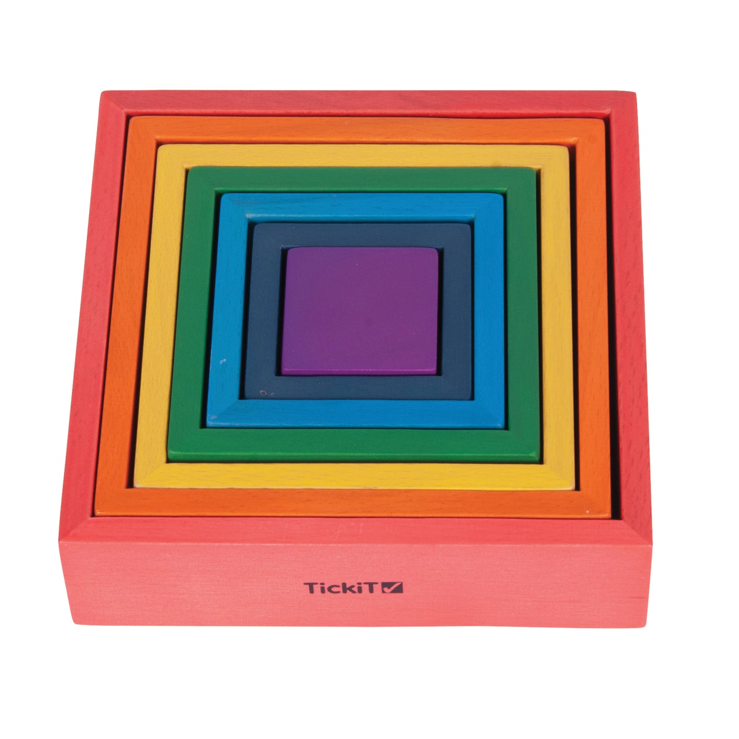 Seven nested wooden squares in rainbow colors: red, orange, yellow, green, blue, dark blue, and purple, stacked concentrically on plain background