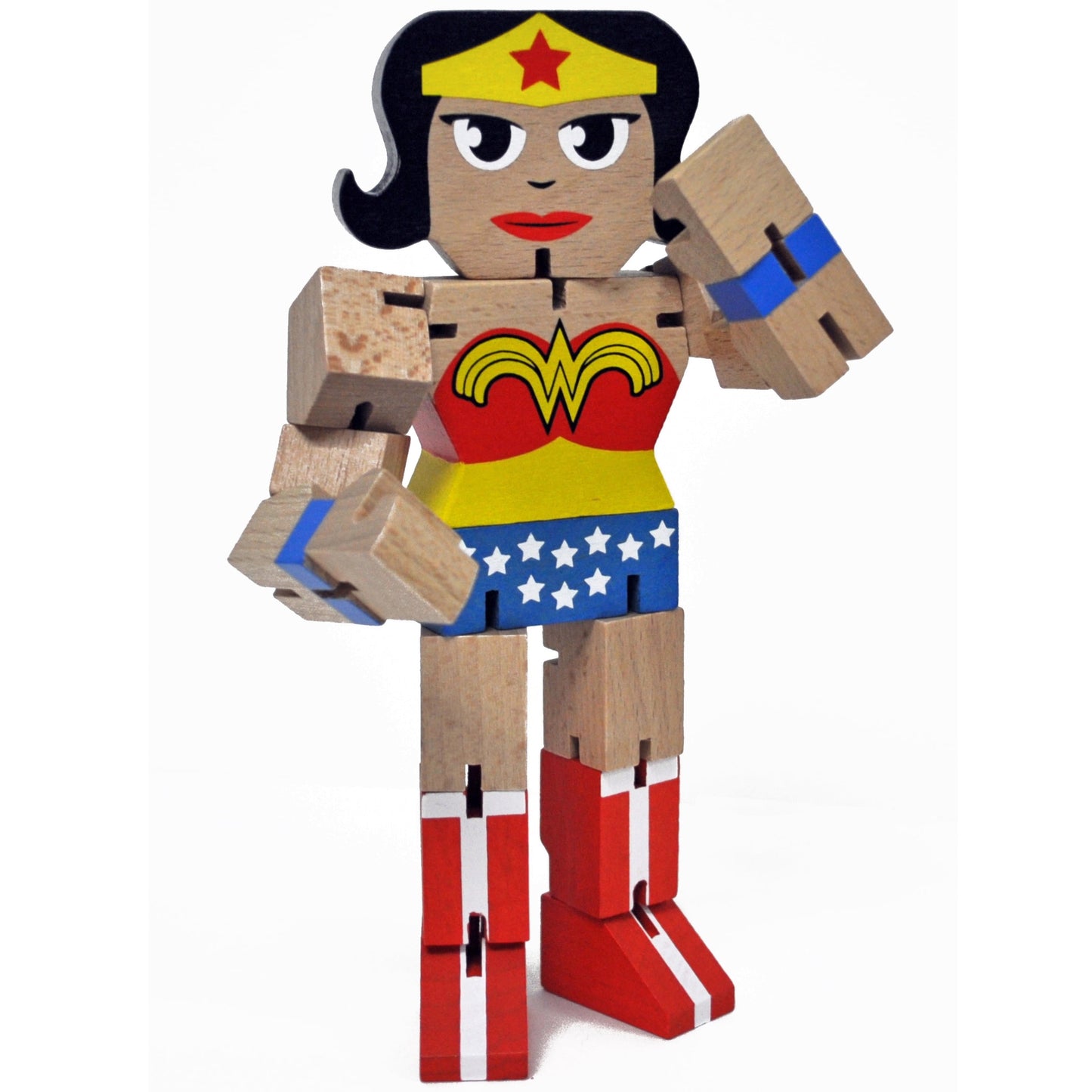 Wooden articulated Wonder Woman action figure with black hair, yellow tiara with red star, red and yellow symbol on chest, blue star-patterned skirt, and red bo