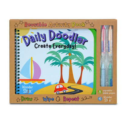 Daily Doodler reusable activity book with spiral binding, featuring tropical beach scene with sailboat, palm trees, and red car. Includes 4 Wonder Stix markers