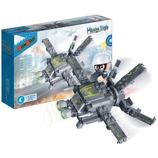 BanBao Mission Eagle D Drone building set with gray and black drone featuring yellow accents, pilot minifigure with white helmet, and blue product box