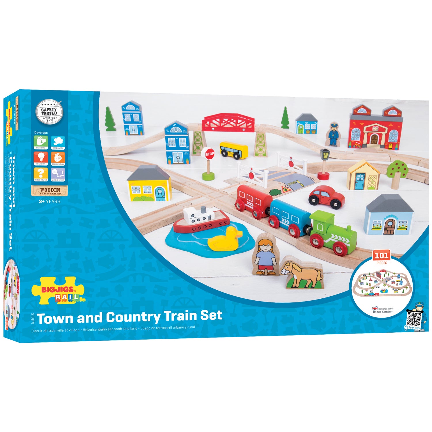 Bigjigs Rail Town and Country Train Set wooden play set with 101 pieces including train cars, wooden tracks, buildings, figures, and accessories on display
