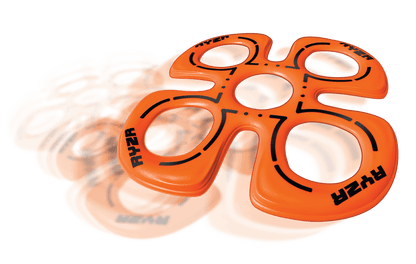 Orange Aeroflyt Ryzr flying disc with black curved line designs and oval cutouts, shown on plain background