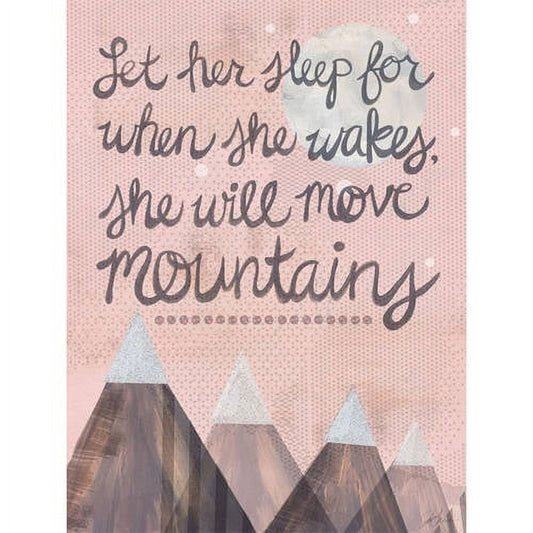 Let her sleep for when she wakes, she will move mountains Canvas wall art with pink background, moon, and snow-capped mountains