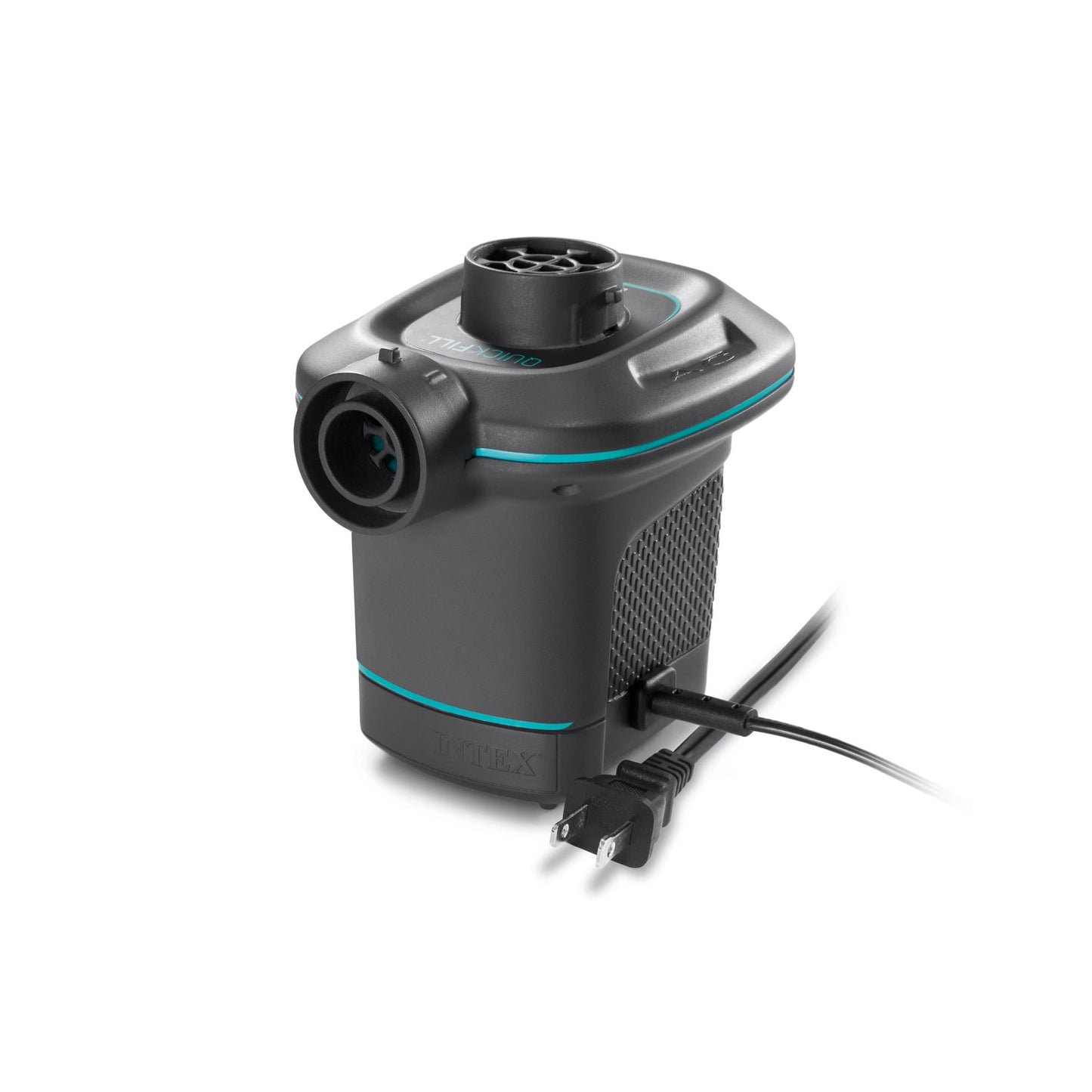 Intex Quick-Fill 120V AC electric air pump in gray with turquoise accents, featuring a nozzle adapter on top and power cord attached