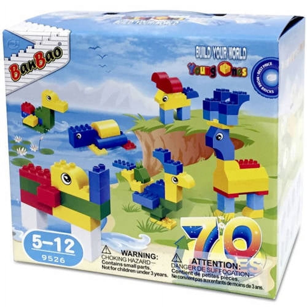 BanBao Young Ones 70-piece building blocks set with colorful blue, yellow, red, and green blocks forming animal-shaped structures on scenic landscape backdrop,