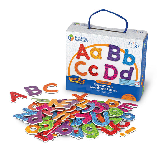 Learning Resources Magnetic Uppercase & Lowercase Letters set with 82 colorful patterned letter pieces and carrying case with blue handle