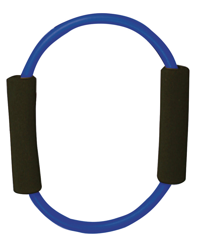 Blue resistance loop tube with black foam-padded handles on each end