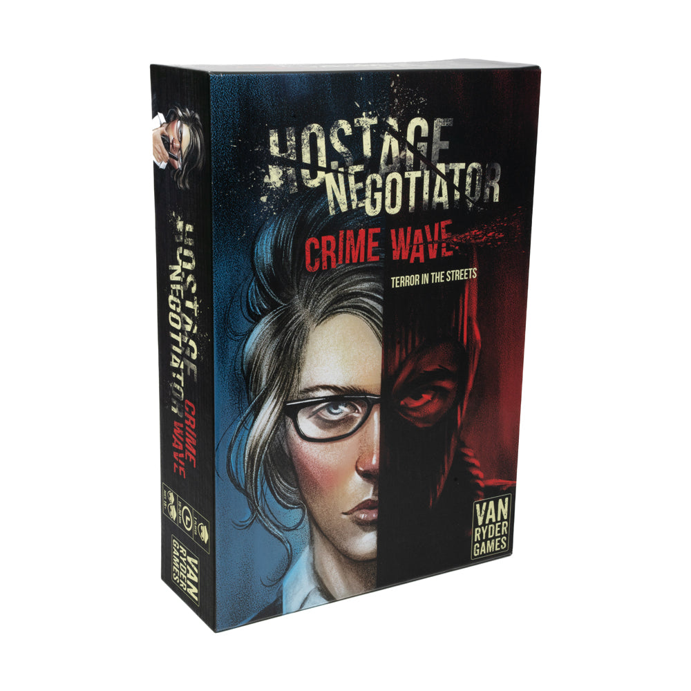 Hostage Negotiator: Crime Wave board game box with illustrated female character wearing glasses and dark hair against blue and red background