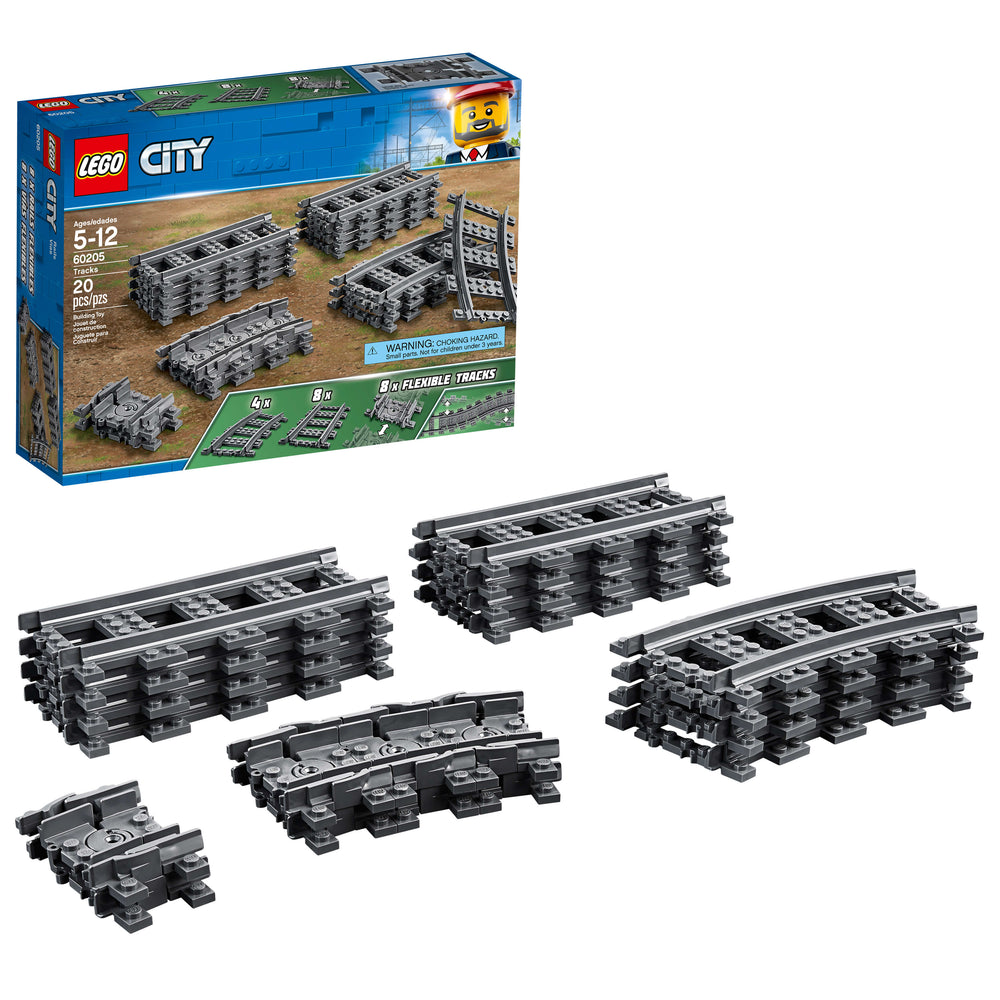 LEGO City train track expansion set with blue box showing various gray track pieces and flexible track sections displayed below