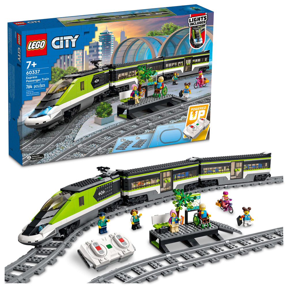 LEGO City Express Passenger Train set with lime-green and white motorized train, station platform, track pieces, remote control, and minifigures
