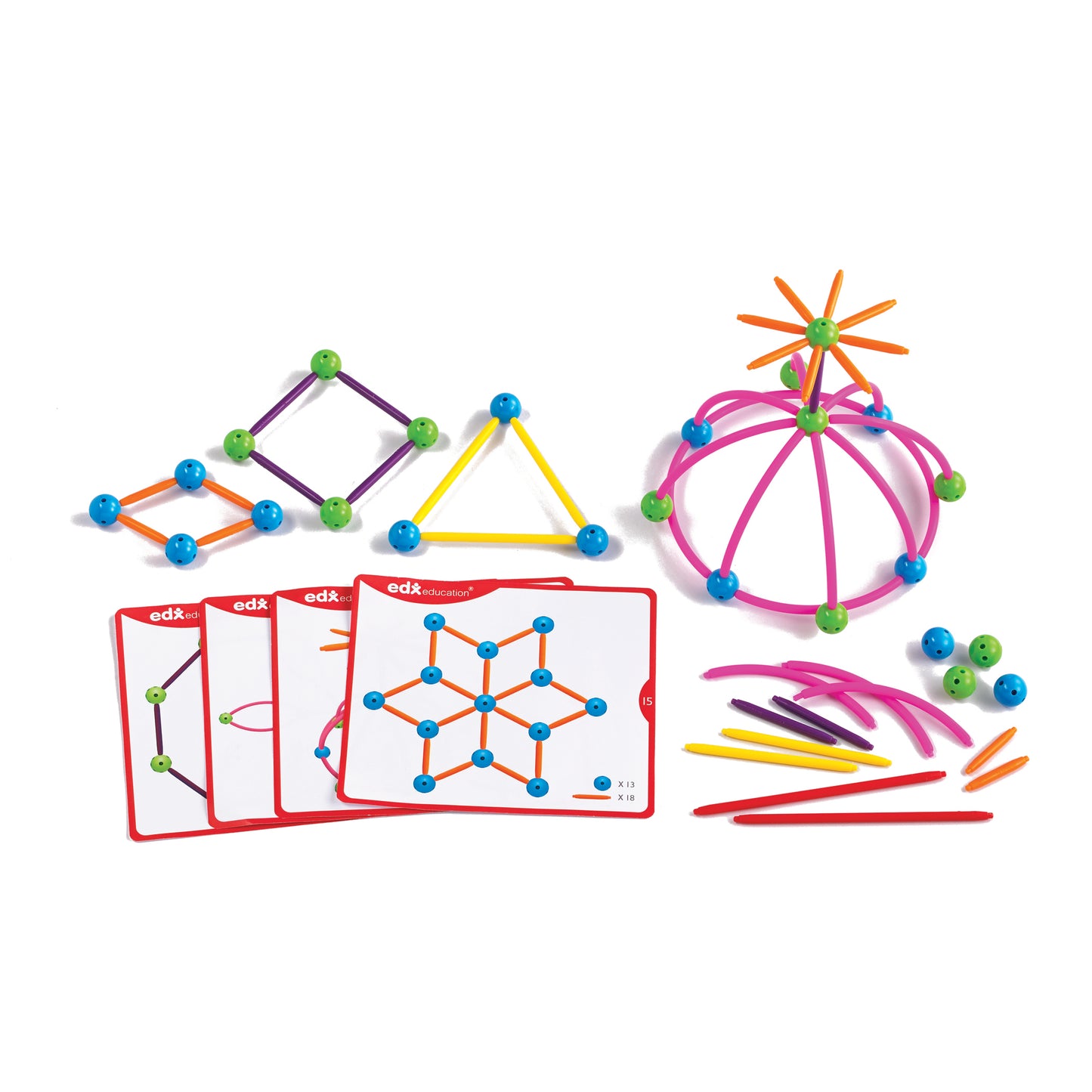 edxeducation Skeletal Starter Geo Set with colorful connectors and balls forming geometric shapes, activity cards, and loose pieces displayed on plain backgroun