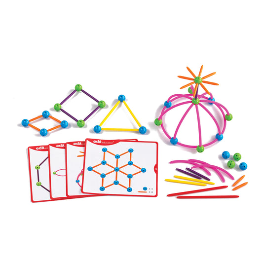 edxeducation Skeletal Starter Geo Set with colorful connectors and balls forming geometric shapes, activity cards, and loose pieces displayed on plain backgroun