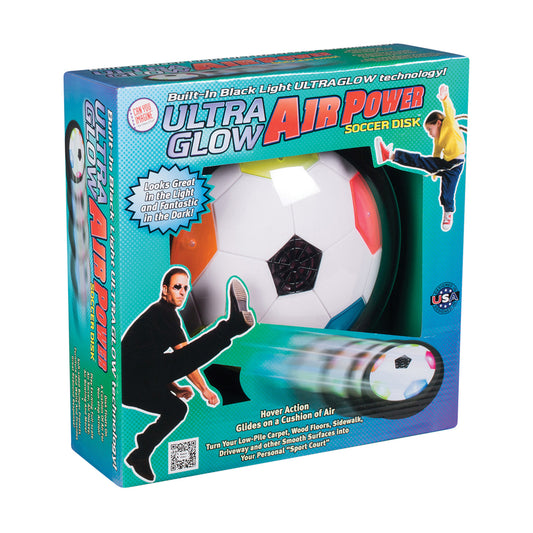 Ultra Glow Air Power Soccer Disk packaging showing white and black hover disk with red and blue accents, built-in black light glow technology