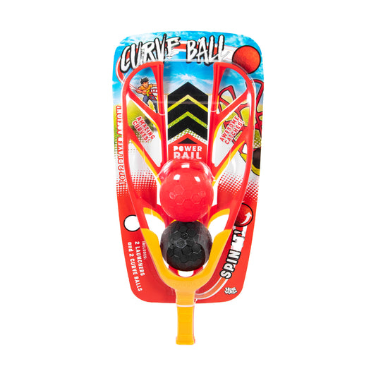 Red dual launcher racket with black and red textured balls, yellow handle, Curve Ball branding
