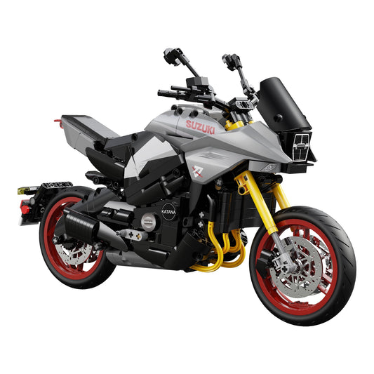CaDA Suzuki Katana Motorcycle Model Kit, 1:6 scale replica with white, black, and gray body, yellow suspension forks, red and silver wheels on plain background