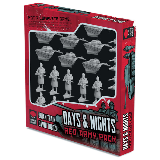 Days & Nights Red Army Pack game box showing plastic miniature soldiers and tank pieces on black background, red packaging with Mighty Boards branding