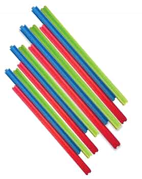 Nine interlocking pool noodles in blue, green, red, and yellow arranged diagonally