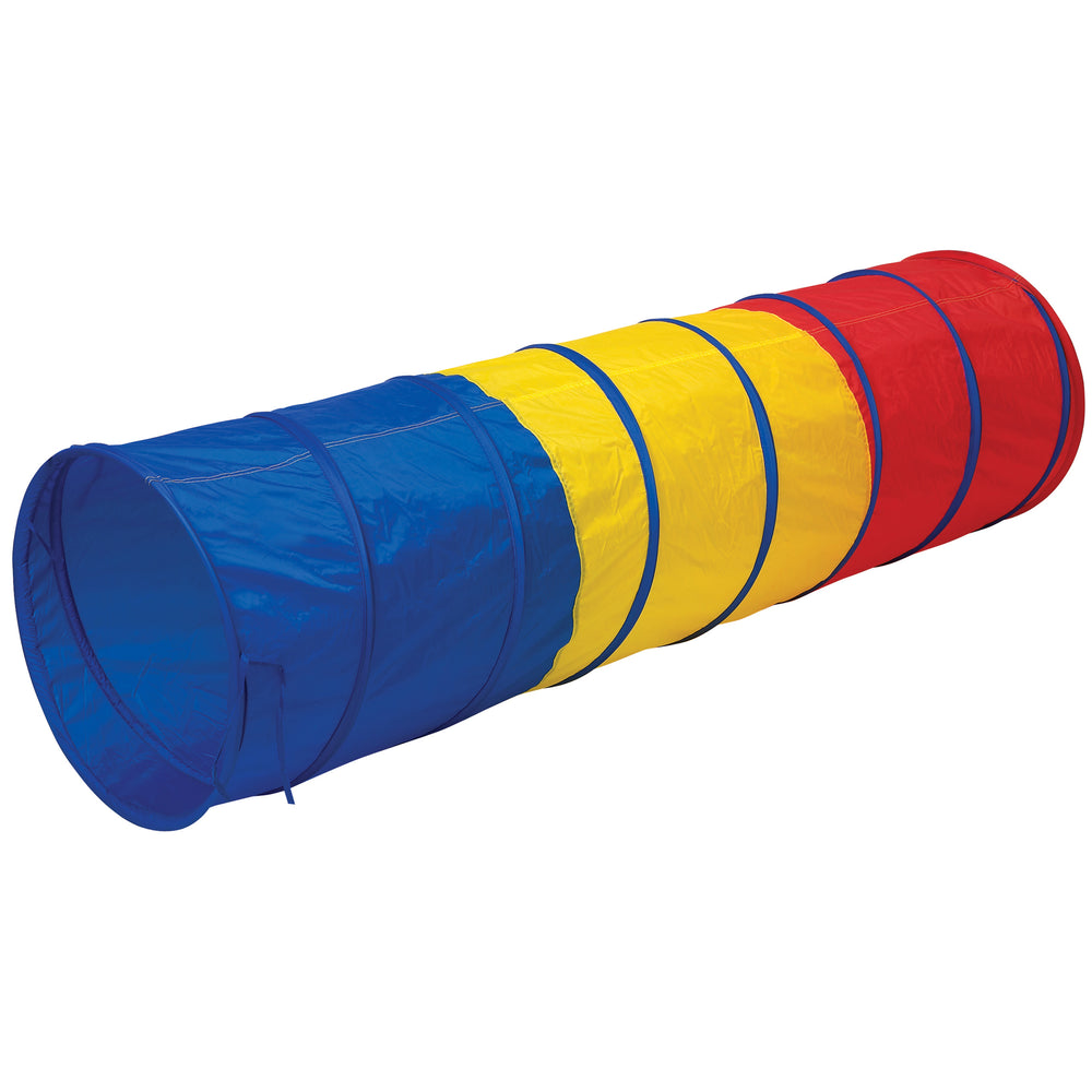 Multi-color play tunnel with blue entrance, yellow and red sections, held open on plain background