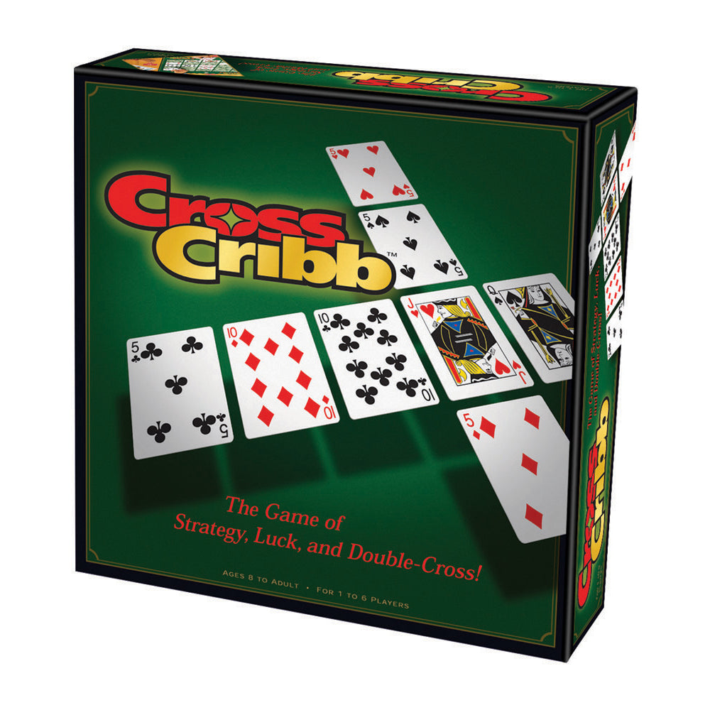 CrossCribb 20th Anniversary Edition board game box with green background, red and yellow logo, playing cards displayed showing hearts, diamonds, clubs and spade