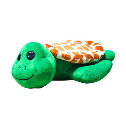 Green plush sea turtle with embroidered smile, large dark eyes, and orange and white patterned shell