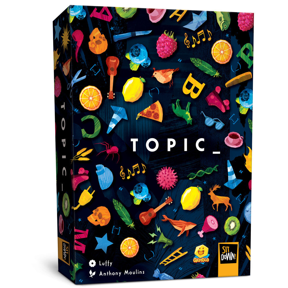 Topic_ Dynamic Party Word Card Game box featuring colorful illustrated icons on dark blue background, including fruits, music notes, animals, and objects