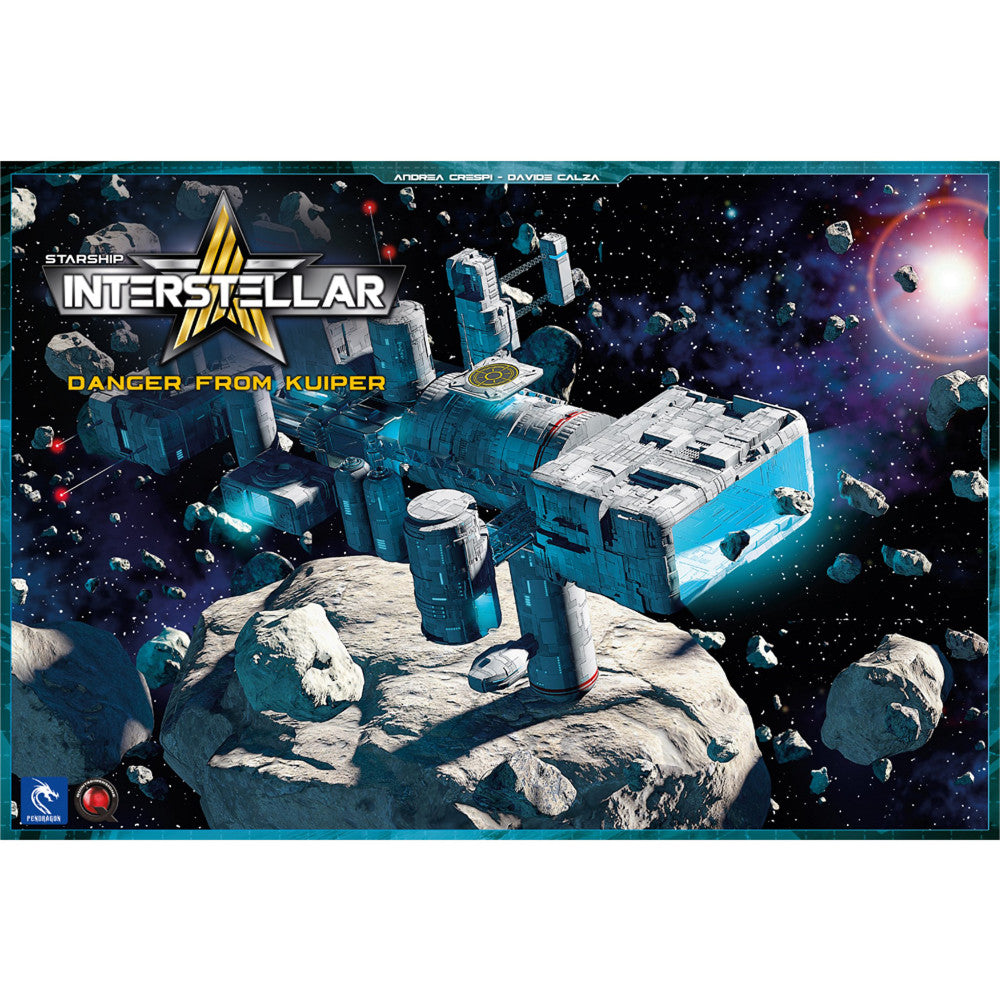 Starship Interstellar: Danger From Kuiper expansion set box art showing blue and white modular spacecraft on an asteroid with stars and planets in the backgroun