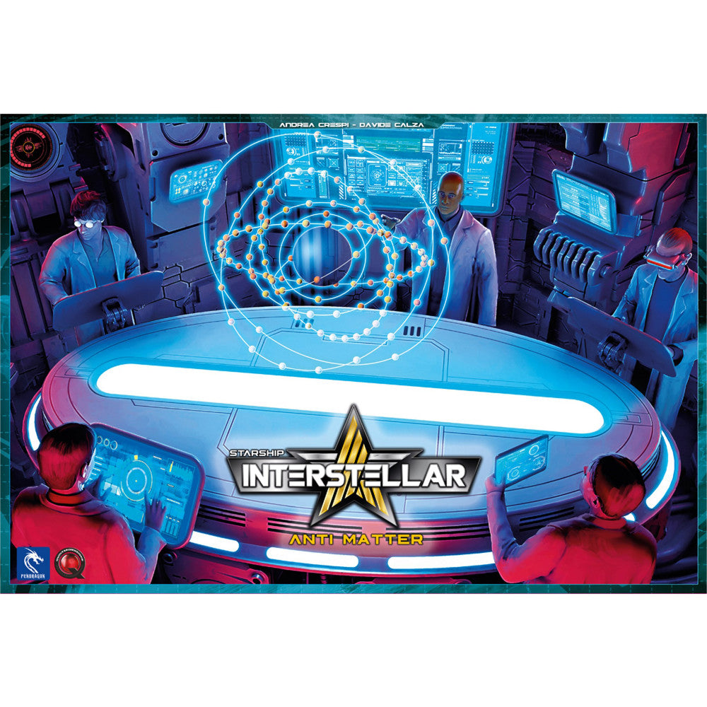 Starship Interstellar: Anti Matter board game box featuring futuristic spaceship cockpit with crew members at control stations and glowing holographic display