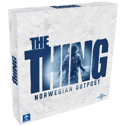 The Thing – Norwegian Outpost Expansion board game box with snowy arctic landscape imagery and dark blue text on white background