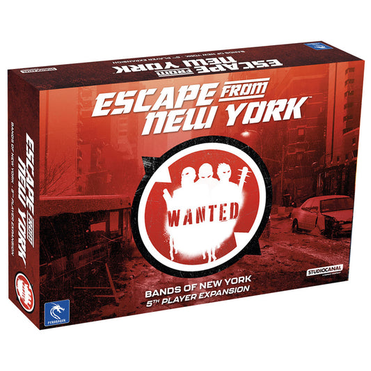 Escape from New York: Bands of New York 5th Player Expansion board game box with red dystopian cityscape background and wanted poster graphic
