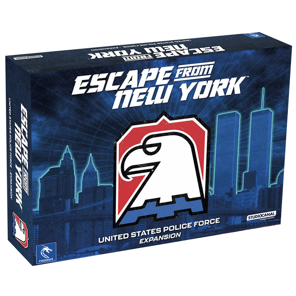 Escape from New York: United States Police Force Expansion board game box with neon-lit NYC skyline and eagle logo